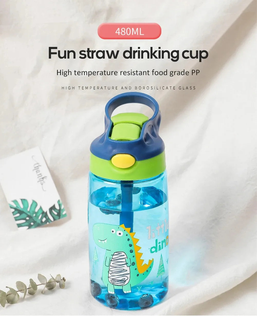 Kinder Drinkfles met Tuitbeker en Rietje – Lekvrij Dino – 480 ml