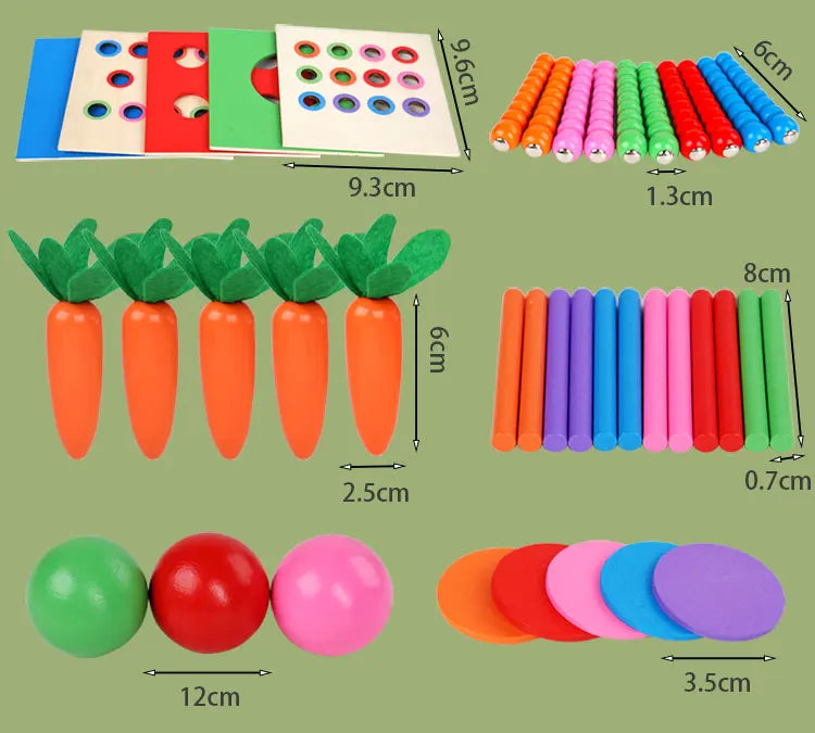 Houten Montessori 6-in-1 Speelbox met Objectpermanentie, Munten en Worteloogst