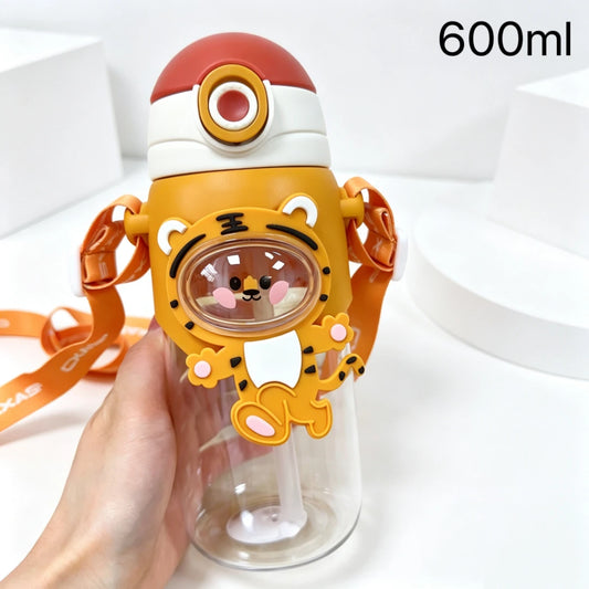 Kinder Drinkfles met Rietje en Dierenprint – 600 ml, Lekvrij, met Draagband