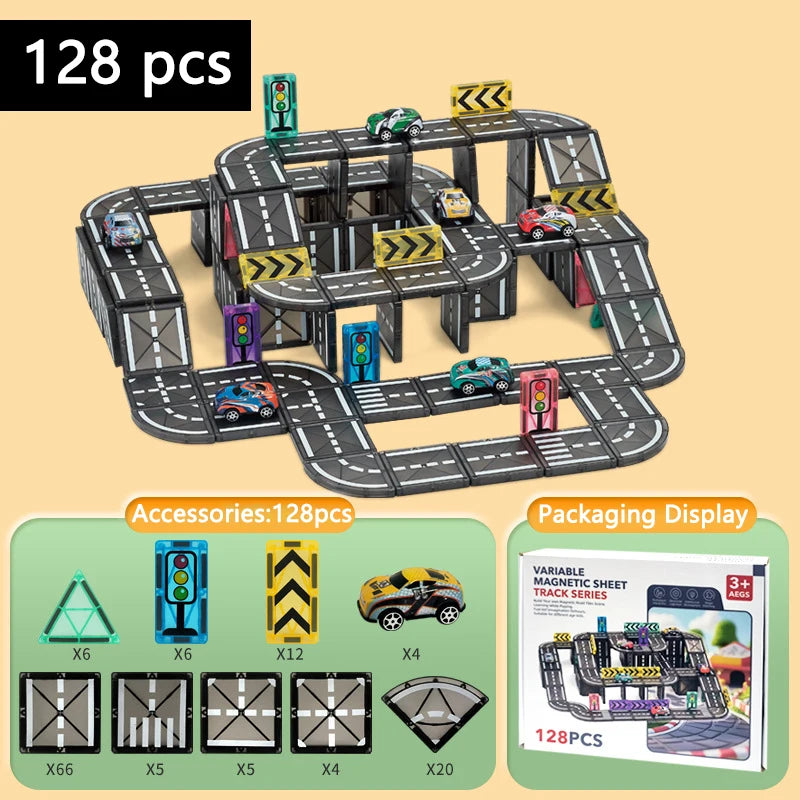 Magnetische Tegels Bouwset met Wegdelen en Auto's (5.5cm)
