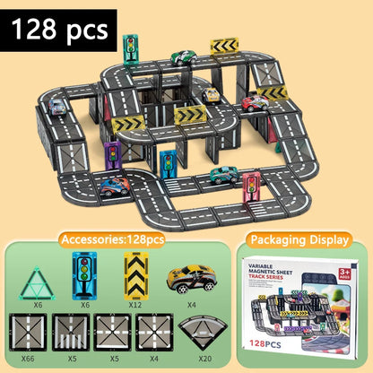 Magnetische Tegels Bouwset met Wegdelen en Auto's (5.5cm)