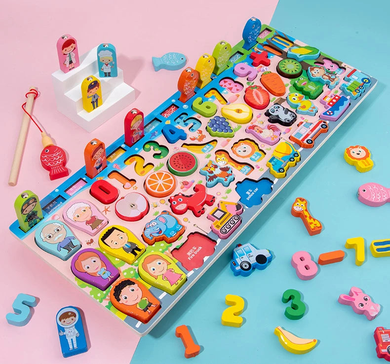 Houten Montessori Bord | Cijfers, Vormen, Tellen & Magnetisch Vissen