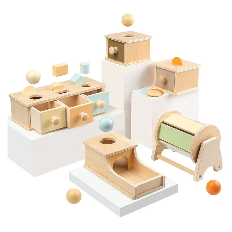 Montessori 4-in-1 Speelset: Objectpermanentie, Muntdrop, Worteloogst & Vormensorteerder