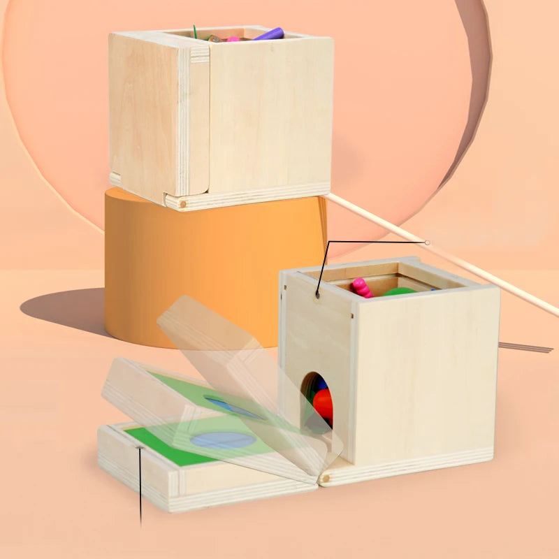 Houten Montessori 6-in-1 Speelbox met Objectpermanentie, Munten en Worteloogst