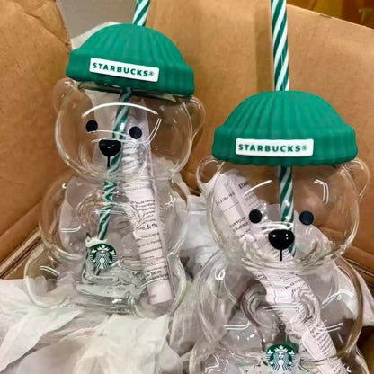 Starbucks Bearista Bear Glazen Drinkbeker – 591ml met Groene Deksel en Rietje