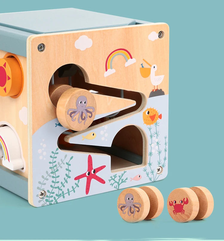 Houten Activiteitenkubus 5-in-1 met Vormenstoof en Kralendoolhof