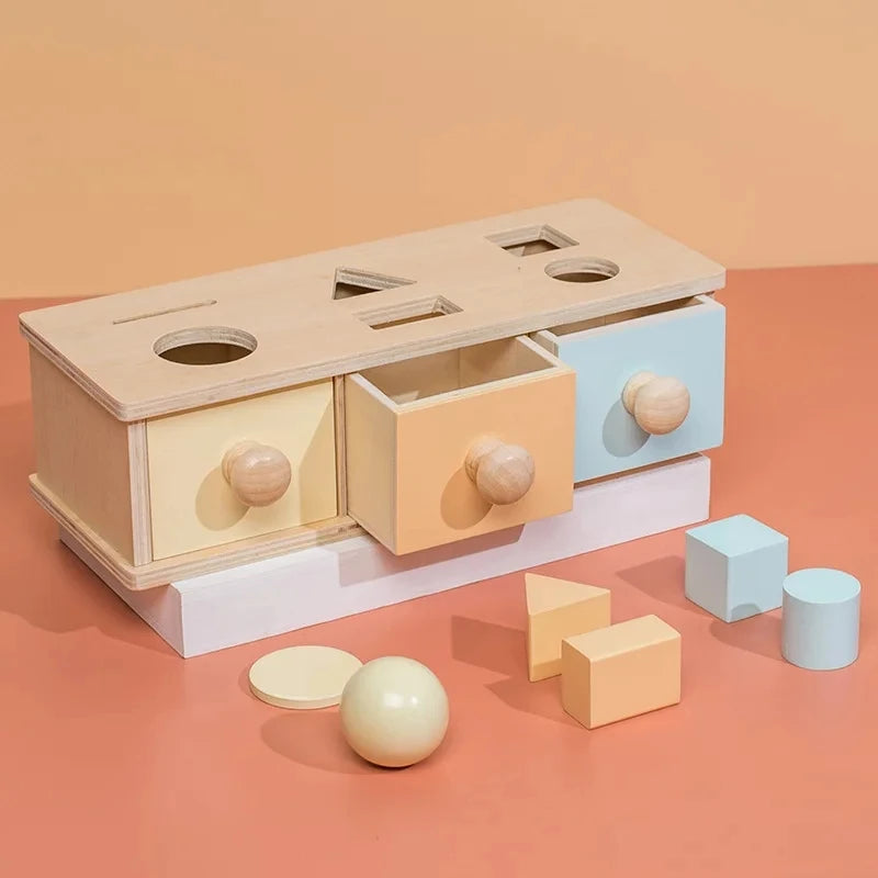 Montessori 4-in-1 Speelset: Objectpermanentie, Muntdrop, Worteloogst & Vormensorteerder