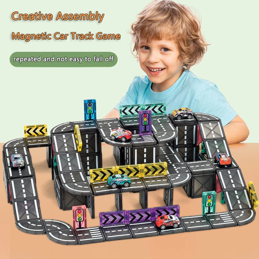 Magnetische Tegels Bouwset met Wegdelen en Auto's (5.5cm)