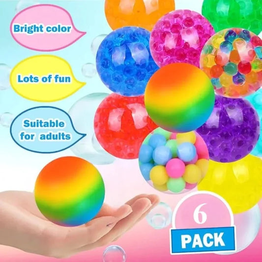 6 Mini Squishy Stressballen – Regenboog Kleuren voor Ontspanning